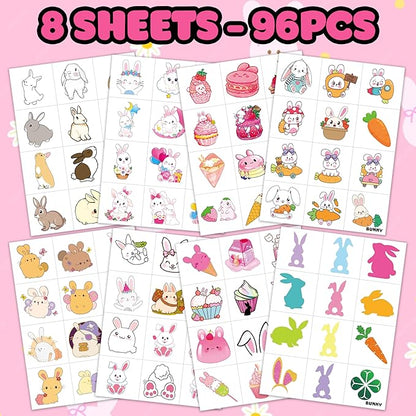 8 Sheets (96PCS) Bunny Pre-Cut Temporary Tattoos for Kids – Cute Bunny Birthday Party Favors Supplies Decorations, Easter Egg Carrot Tattoo Stickers for Boys and Girls, Classroom Rewards and Prizes