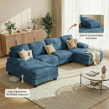 Homall Modular Sectional U Shaped Sofa Couches for Living Room, Comfy Chenille 4 Seat Sofa Set with Removable Pillows, Lounge Chaise Upholstered Couch for Apartment (Chenille, Light Blue)