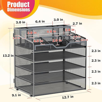 Docnest 5 Tier Mesh Desk Organizer for Paper Office Supplies – Multi-Functional Letter Tray with 5 Adjustable Compartments, 3 Pen Holders, Desktop Storage for Files, Mail, Stationery – Black