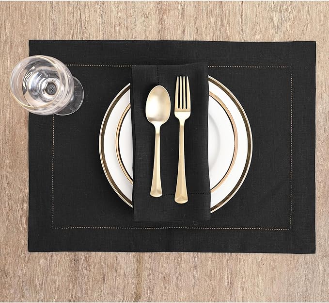 Solino Home Linen Placemats Set of 4 - Classic Hemstitch Black Placemats 14 x 19 Inch - 100% Pure Linen Table Mats for Fall, Autumn, Winter, Holiday, Christmas, New Year