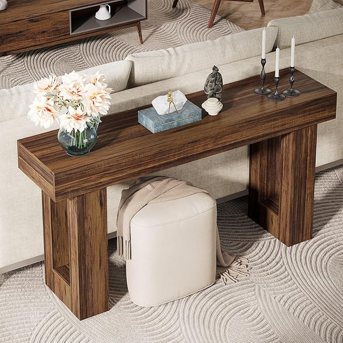 Tribesigns 63-Inch Long Console Table, MDF Wood Grain Rectangular Sofa Table Behind The Couch, Farmhouse Entryway Table for Entrance, Hallway, Living Room (Rustic Brown)