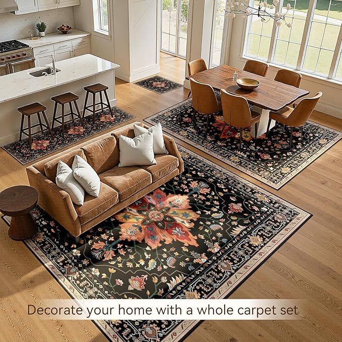 Area Rugs 6'x9' Washable Non-Slip, Floral Vintage Distress Print Pattern Medallion Carpet for Living Room Bedroom Dining Room, Black Colorful Floral Dark Tan