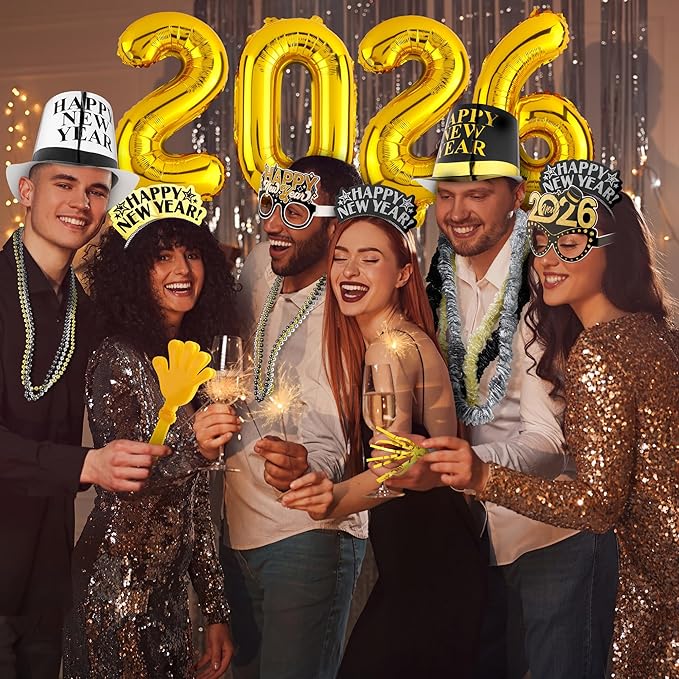 Fovths 290 Pieces 2026 New Years Eve Party Supplies Party Top Hats Headband Glasses Hand Clapper Leis Necklaces 2026 Gold Foil Balloons Happy New Year Decorations