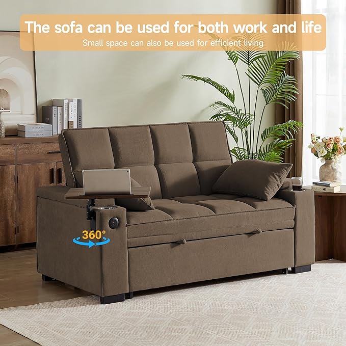 65'' 3-in-1 Folding Convertible Sofa Bed, Pullout Sofa, Modern Chenille Fabric, 360° Swivel Side Table, Easy Assembly, Perfect for Living Room(ZY-1107A-Brown)