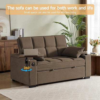 65'' 3-in-1 Folding Convertible Sofa Bed, Pullout Sofa, Modern Chenille Fabric, 360° Swivel Side Table, Easy Assembly, Perfect for Living Room(ZY-1107A-Brown)