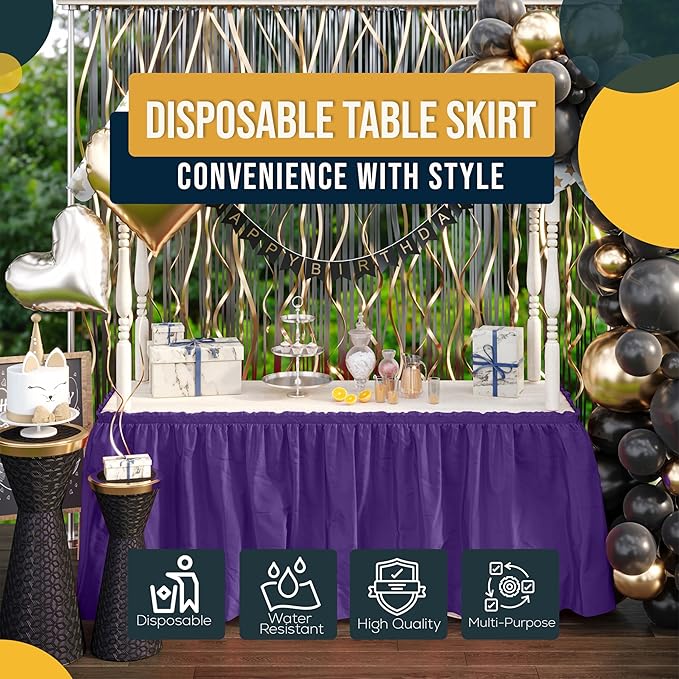 Exquisite Ruffle Table Skirt Purple 12 Pack 14 Ft Long Table Skirts for Rectangle Tables 6ft Plus or Round Tables Skirts with Adhesive Strip for Gender Reveal Decor & Happy Birthday Parties