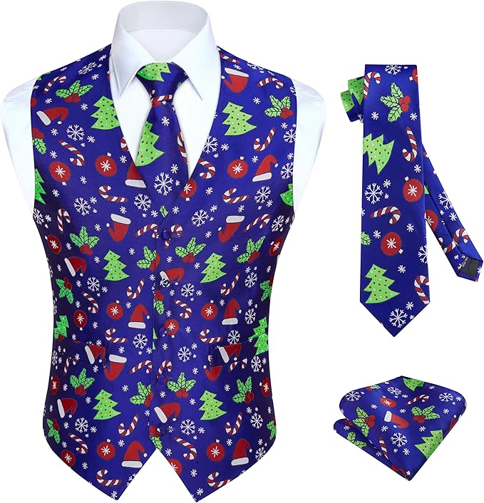 HISDERN Men's Suit Vest Christmas Holiday Season Party Jacquard Waistcoats Necktie Pocket Square Vest Suit Set