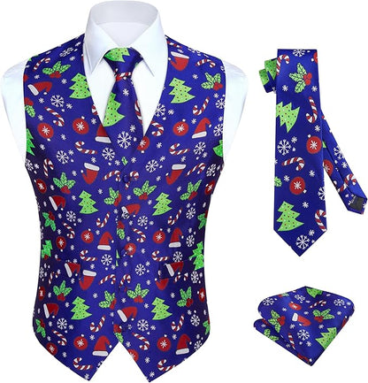HISDERN Men's Suit Vest Christmas Holiday Season Party Jacquard Waistcoats Necktie Pocket Square Vest Suit Set