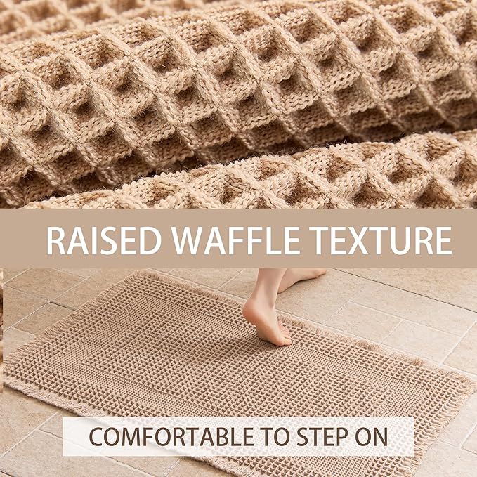Waffle Bath Mat Non Slip, Boho Bathroom Rug, Super Absorbent Quick Dry Bathroom Mat, Soft Farmhouse Bath Rug with Tassels, Small Washable Shower Mats for Floor 24"x36", Square Brown