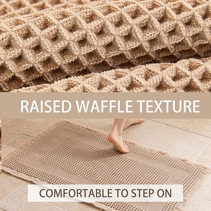 Waffle Bath Mat Non Slip, Boho Bathroom Rug, Super Absorbent Quick Dry Bathroom Mat, Soft Farmhouse Bath Rug with Tassels, Small Washable Shower Mats for Floor 24"x36", Square Brown