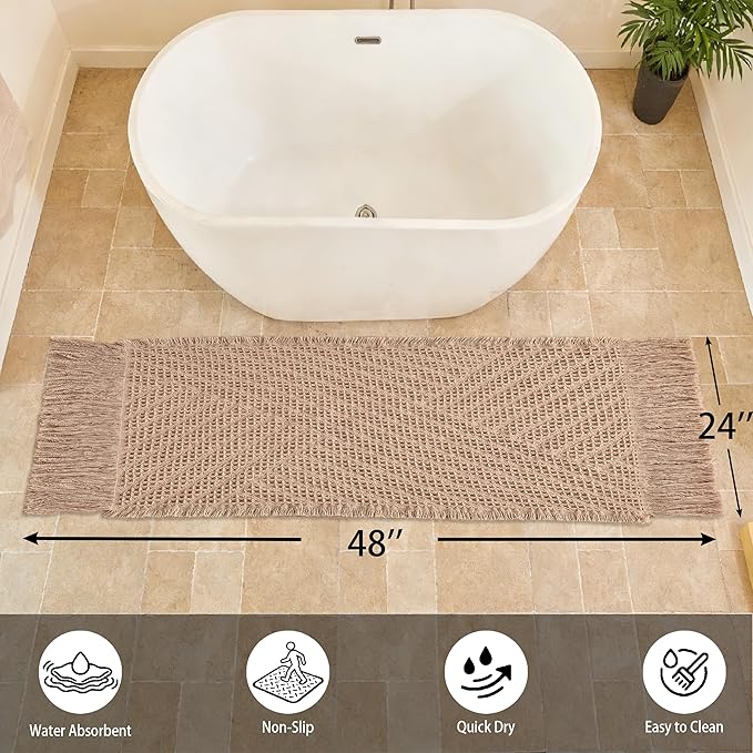 Waffle Bath Mat Non Slip, Boho Runner Rug, Super Absorbent Quick Dry Long Bath Runner Bathroom, Soft Farmhouse Bath Rug with Tassels, Washable Shower Mats for Floor 24"x48", Tassels Brown