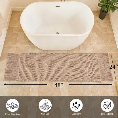 Waffle Bath Mat Non Slip, Boho Runner Rug, Super Absorbent Quick Dry Long Bath Runner Bathroom, Soft Farmhouse Bath Rug with Tassels, Washable Shower Mats for Floor 24"x48", Tassels Brown