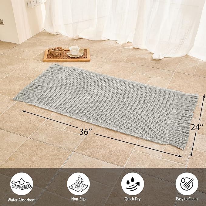 Waffle Bath Mat Non Slip, Boho Bathroom Rug, Super Absorbent Quick Dry Bathroom Mat, Soft Farmhouse Bath Rug with Tassels, Small Washable Shower Mats for Floor 24"x36", Tassels Light Grey