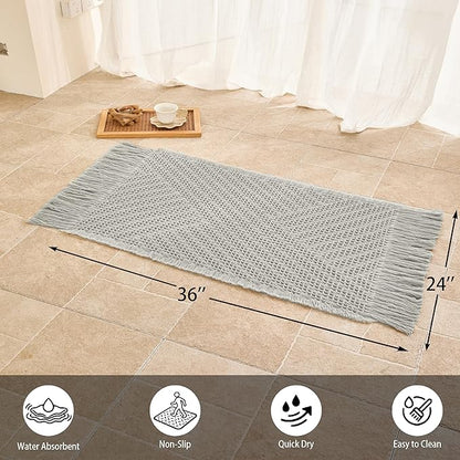 Waffle Bath Mat Non Slip, Boho Bathroom Rug, Super Absorbent Quick Dry Bathroom Mat, Soft Farmhouse Bath Rug with Tassels, Small Washable Shower Mats for Floor 24"x36", Tassels Light Grey