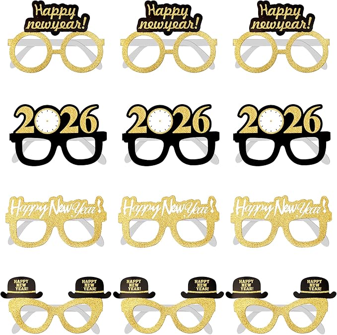 KatchOn, 2026 Glasses New Year Eve - Pack of 12 | Happy New Year Eyeglasses 2026 for New Years Eve Party Supplies 2026 | NYE Party Glasses | Happy New Years Decorations 2026 | NYE Sunglasses 2026