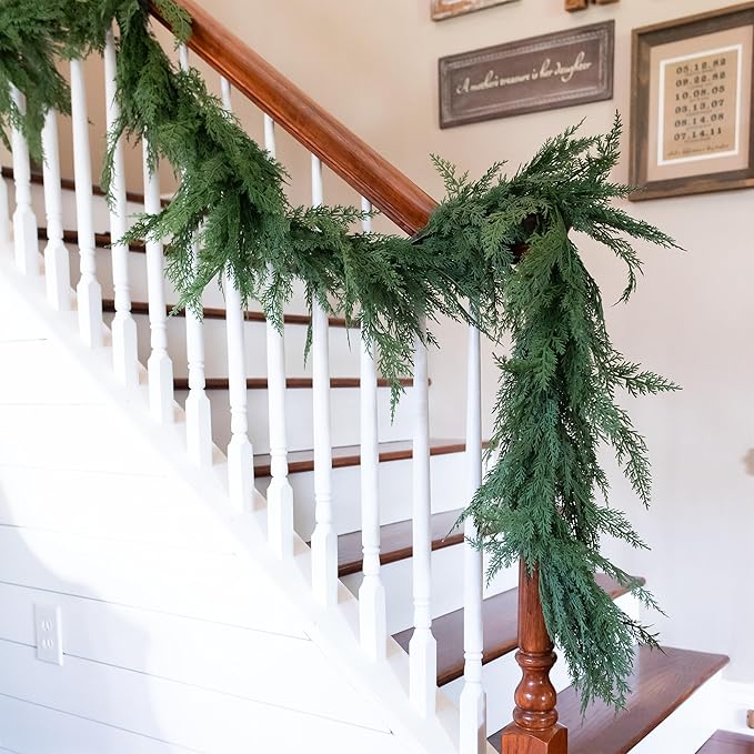 Real Touch Cedar Garland Artificial Realistic, Faux Cedar Garland Realistic, Realistic Christmas Garland for Mantle, Stairs, Table, Real Touch Garlands Fireplace (Extra Full, 6 Foot)