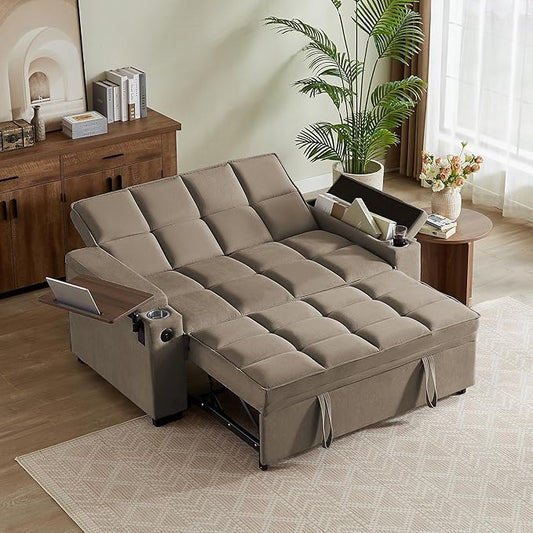 66" Multi-Functional Pull-Out Sofa Bed with Hidden Side Table, Storage Armrests, Built-in Charging Port, Spring Mattress, Solid Wood Frame – Ideal for Small Spaces, Easy Assembly