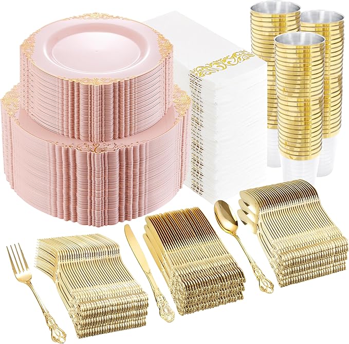 YOUBET 700PCS Pink Plastic Plates - Pink and Gold Plates - Luxury Pinks Plastic Dinnerware Set Include 200 Pinks Disposable Plates, 300 Heavy Duty Silverware, 100 Cups, 100 Napkins for Wedding & Party