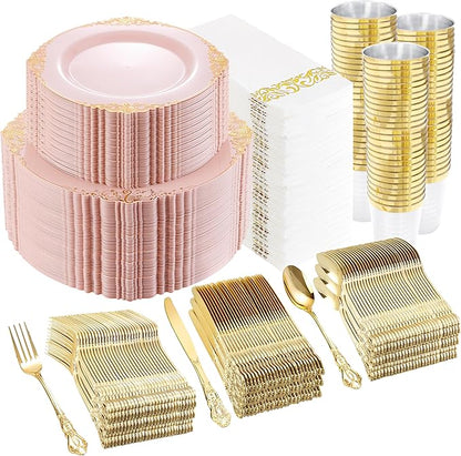 YOUBET 700PCS Pink Plastic Plates - Pink and Gold Plates - Luxury Pinks Plastic Dinnerware Set Include 200 Pinks Disposable Plates, 300 Heavy Duty Silverware, 100 Cups, 100 Napkins for Wedding & Party