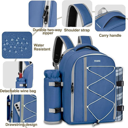 Picnic Backpack for 2 Persons with Insulated Leakproof Cooler Compartment, Cutlery Sets, Wine Holder, Fleece Blanket, Wedding Gifts for Couples, Perfect for Beach, Camping, Hiking, Blue