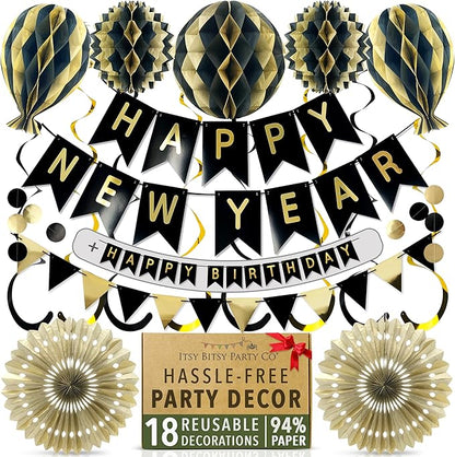 Premium Reusable New Years Decorations 2026 - Multi-occasion Happy New Year Banner also spells Happy Birthday, Fast Assembly with Velcro - NY Eve 2026 Party Supplies / Black and Gold Party Decorations