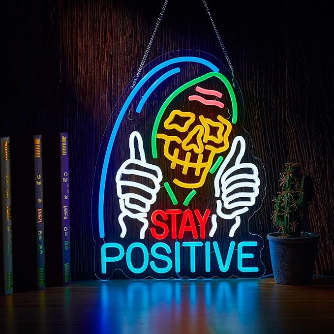 Stay Positive Skull Neon Sign for Wall Décor Dimmable USB LED Neon Light for Home Living Room Bedroom Halloween Decor Gifts