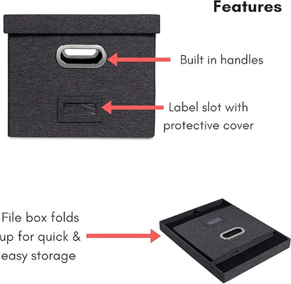 Internet's Best Collapsible File Storage Organizer with Lid - Decorative Linen Filing & Storage Office Box – Hanging Letter/Legal Folder – Home Office Bins Cabinet – Charcoal Container - 6 Pack