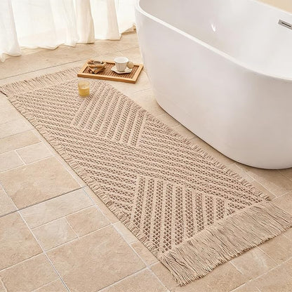 Waffle Runner Rug Non Slip, Boho Bath Mat, Super Absorbent Quick Dry Long Bath Runner Bathroom, Soft Farmhouse Bath Rug with Tassels, Washable Shower Mats for Floor 24"x72", Tassels Brown