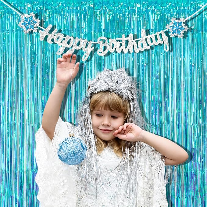 BRAVESHINE Party Decorations Iridescent Foil Fringe Backdrop - 2 Packs 3.2 x 6.5 ft Holographic Tinsel Backdrop Party Streamers Curtain for Birthdays Mermaid Sea Frozen Christmas Parties - Clear Blue