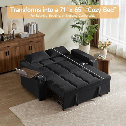 66" Multi-Functional Pull-Out Sofa Bed with Hidden Side Table, Storage Armrests, Built-in Charging Port, Spring Mattress, Solid Wood Frame – Ideal for Small Spaces, Easy Assembly