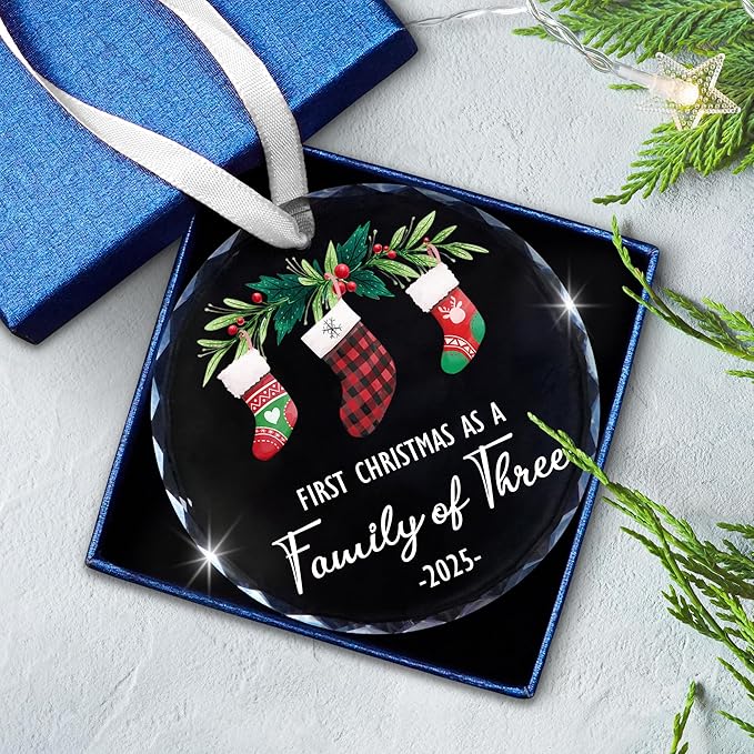 Baby's First Christmas Ornaments 2025 - Christmas Tree Decoration Glass Ornaments - New Parents Mom Dad, Baby First Ornament, First Christmas As A Family of Three, Ideal for New Mom Dad