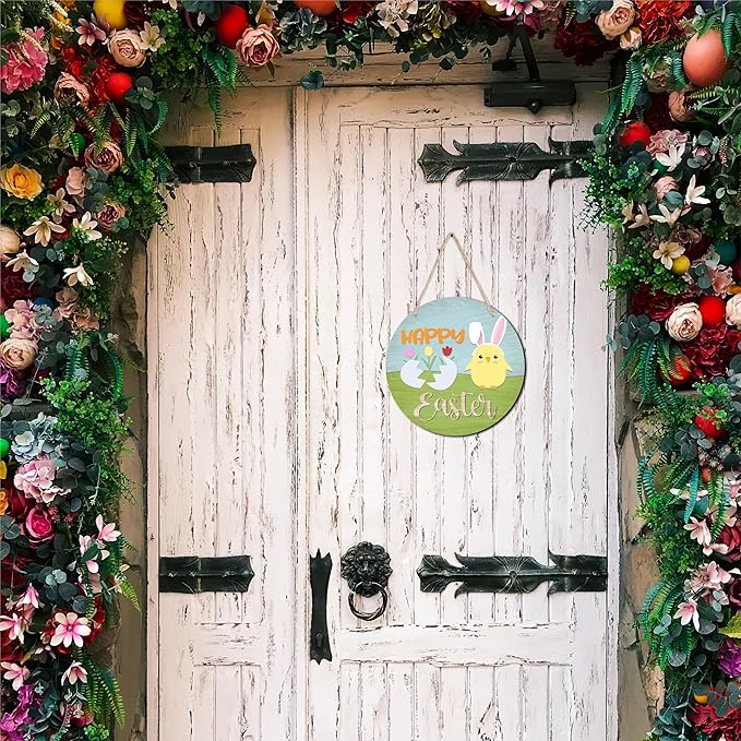 10" Easter Round Wooden Hanging Sign With Sisal Rope - Happy Easter - Chick And Bunny Ear Wooden Plaque For Front Door, Porch, Outdoor Indoor, Farmhouse Wall Decor Party Favor & Decorations - B01