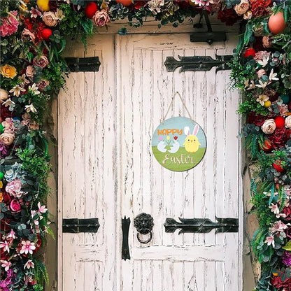 10" Easter Round Wooden Hanging Sign With Sisal Rope - Happy Easter - Chick And Bunny Ear Wooden Plaque For Front Door, Porch, Outdoor Indoor, Farmhouse Wall Decor Party Favor & Decorations - B01