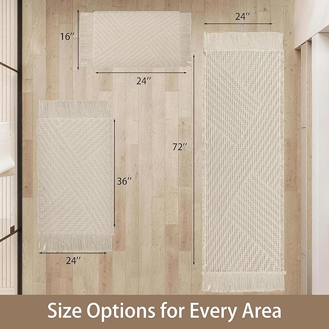 Waffle Runner Rug Non Slip, Boho Bath Mat, Super Absorbent Quick Dry Long Bath Runner Bathroom, Soft Farmhouse Bath Rug with Tassels, Washable Shower Mats for Floor 24"x72", Tassels Cream