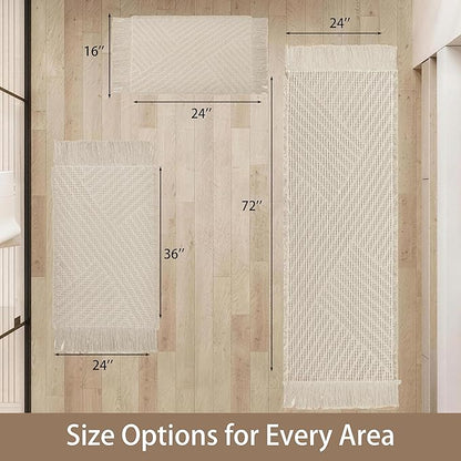 Waffle Runner Rug Non Slip, Boho Bath Mat, Super Absorbent Quick Dry Long Bath Runner Bathroom, Soft Farmhouse Bath Rug with Tassels, Washable Shower Mats for Floor 24"x72", Tassels Cream
