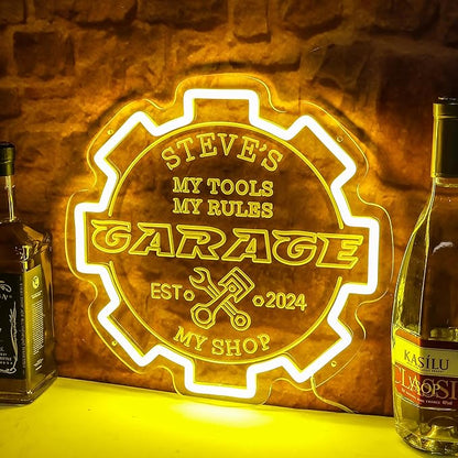 Custom Garage Neon sign for Wall Decor with Timing Remote, Personalized Gear Garage LED Neon Light for Man Cave, Home Bar, Workshop, Son Dad Birthday Gift LEMON YELLOW