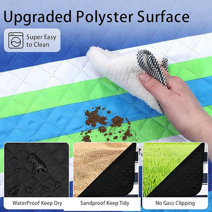 HX&OD Large Picnic Blanket Outdoor 80”x60” Waterproof Picnic Mat Foldable 3-Layer Camping Blanket Portable with Carry Strap Park Blanket for Grass(Blue)