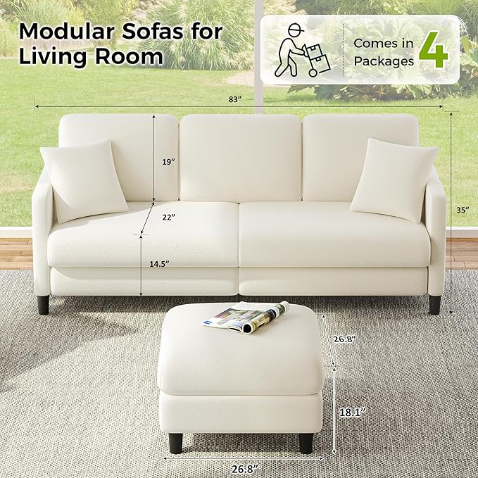 83" Couches for Living Room, Comfy Sofas for Living Room with Storage Ottomans, Teddy Sofa Couch, Tool-Free Loveseat Sofa, All-Wood Love Seat Couches, U Shaped Couch 2 Pillow Included, Beige