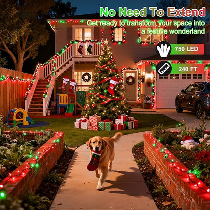 240FT 750LED Christmas Lights,12 Modes Red and Green Outdoor String Lights with Timer & Dimmable, Waterproof Green Wire Christmas String Lights for Tree Xmas Patio Fence Balcony Garden Party Decor