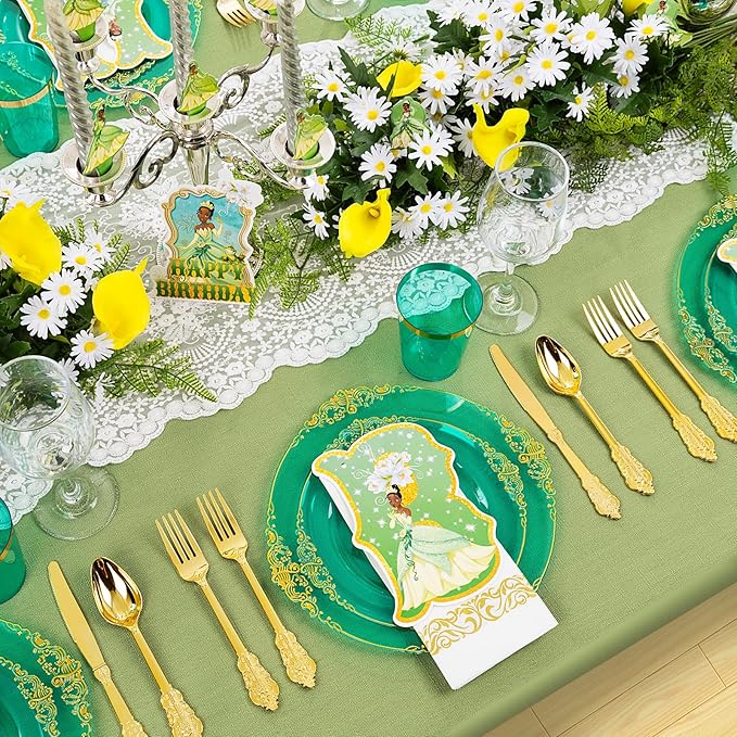 Hioasis 350pcs Clear Green Plastic Plates - Elegant Disposable Dinnerware Set Suitable for 50 Guests Include 10.25" Dinner & 7.5" Dessert Plates, Cutlery, Napkins, Cups for Party & Christmas