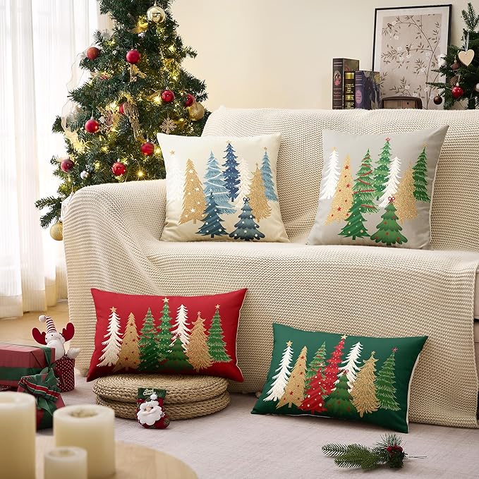 Christmas Pillow Covers 18x18 Inch Set of 2 Green Decorative Christmas Tree Throw Pillows Linen Winter Holiday Decor for Home Sofa Couch Bed Chair