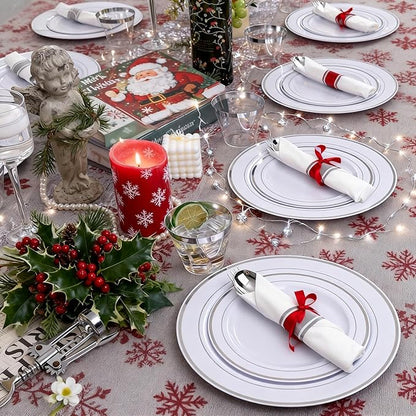 WELLIFE 700 Pcs Silver Plastic Plates for 100 Guests - Christmas Party Supplies Includes 200 Plastic Plates,300 Silver Silverware,100 Napkins,100 Cups for Party,Disposable Dinnerware Set