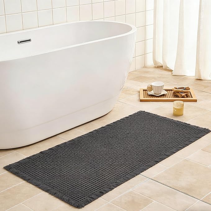 Waffle Bath Mat Non Slip, Boho Runner Rug, Super Absorbent Quick Dry Long Bath Runner Bathroom, Soft Farmhouse Bath Rug with Tassels, Washable Shower Mats for Floor 24"x48", Dark Grey