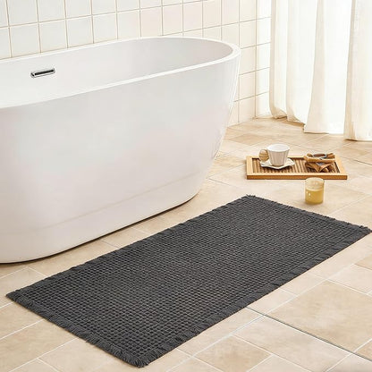 Waffle Bath Mat Non Slip, Boho Runner Rug, Super Absorbent Quick Dry Long Bath Runner Bathroom, Soft Farmhouse Bath Rug with Tassels, Washable Shower Mats for Floor 24"x48", Dark Grey
