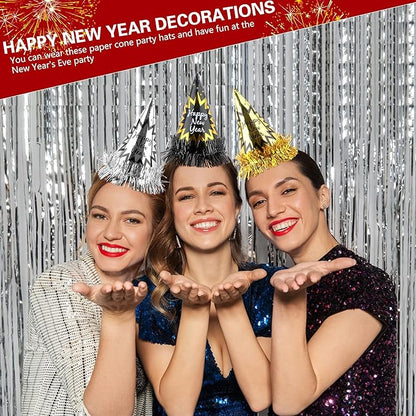 60 Pcs Happy New Year Hats Paper Cone Hat with Gold Foil Tassel New Year Eve Party Decoration for New Years Countdown Party Favors, 3 Colors