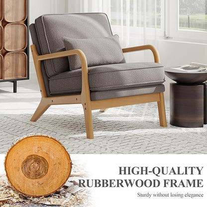 Accent Chair with Solid Wood Frame, Mid-Century Relaxing Armchair Lumbar Pillow& Soft Cushion, Reading Leisure Chair for Living Room, Bedroom, Waiting Room-Grey