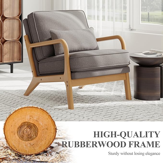 Accent Chair Set of 2 with Solid Wood Frame, Mid-Century Relaxing Armchair Lumbar Pillow& Soft Cushion, Reading Leisure Chair for Living Room, Bedroom, Waiting Room-Grey