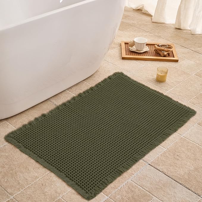 Waffle Bath Mat Non Slip, Boho Bathroom Rug, Super Absorbent Quick Dry Bathroom Mat, Soft Farmhouse Bath Rug with Tassels, Small Washable Shower Mats for Floor 24"x36", Olive Green