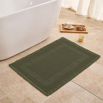 Waffle Bath Mat Non Slip, Boho Bathroom Rug, Super Absorbent Quick Dry Bathroom Mat, Soft Farmhouse Bath Rug with Tassels, Small Washable Shower Mats for Floor 24"x36", Square Olive Green
