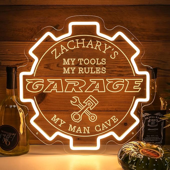 Custom Garage Neon sign for Wall Decor with Timing Remote, Personalized Gear Garage LED Neon Light for Man Cave, Home Bar, Workshop, Son Dad Birthday Gift WARM WHITE